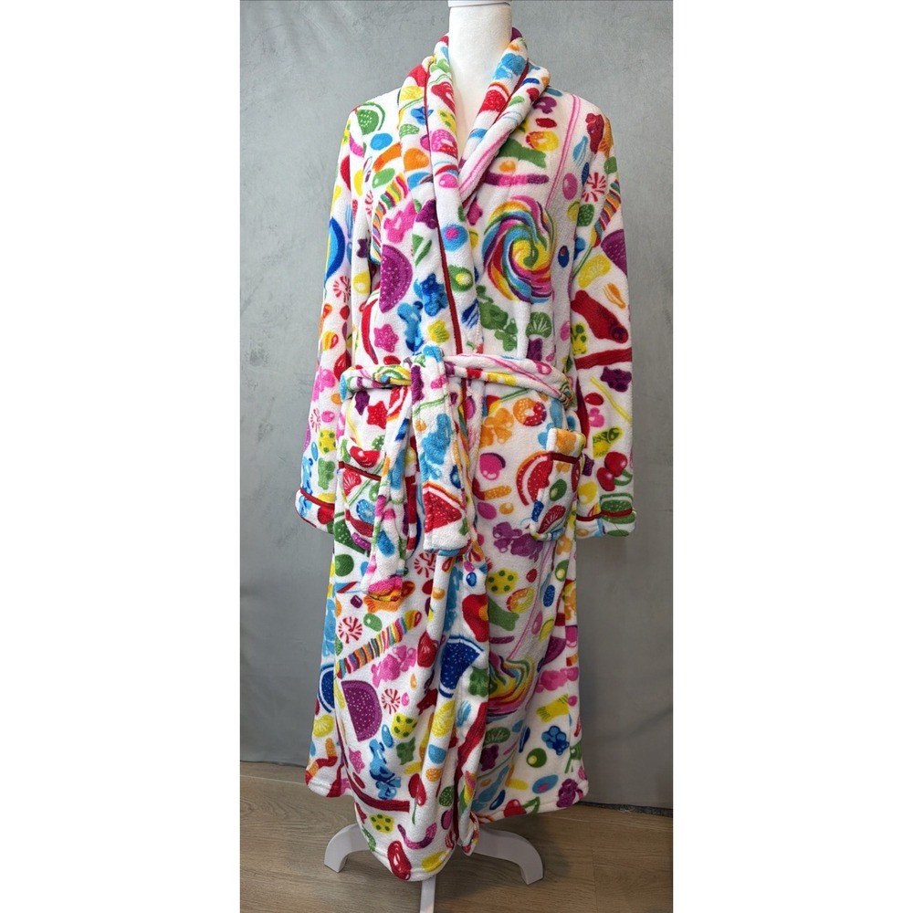 Dylan's Candy Bar Robe Womens Large Multicolor Candy Print Plush Fleece Belted